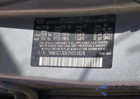 2007 Hyundai Santa Fe Gls from USA, damaged, VIN 5NMSG13D67H051828
